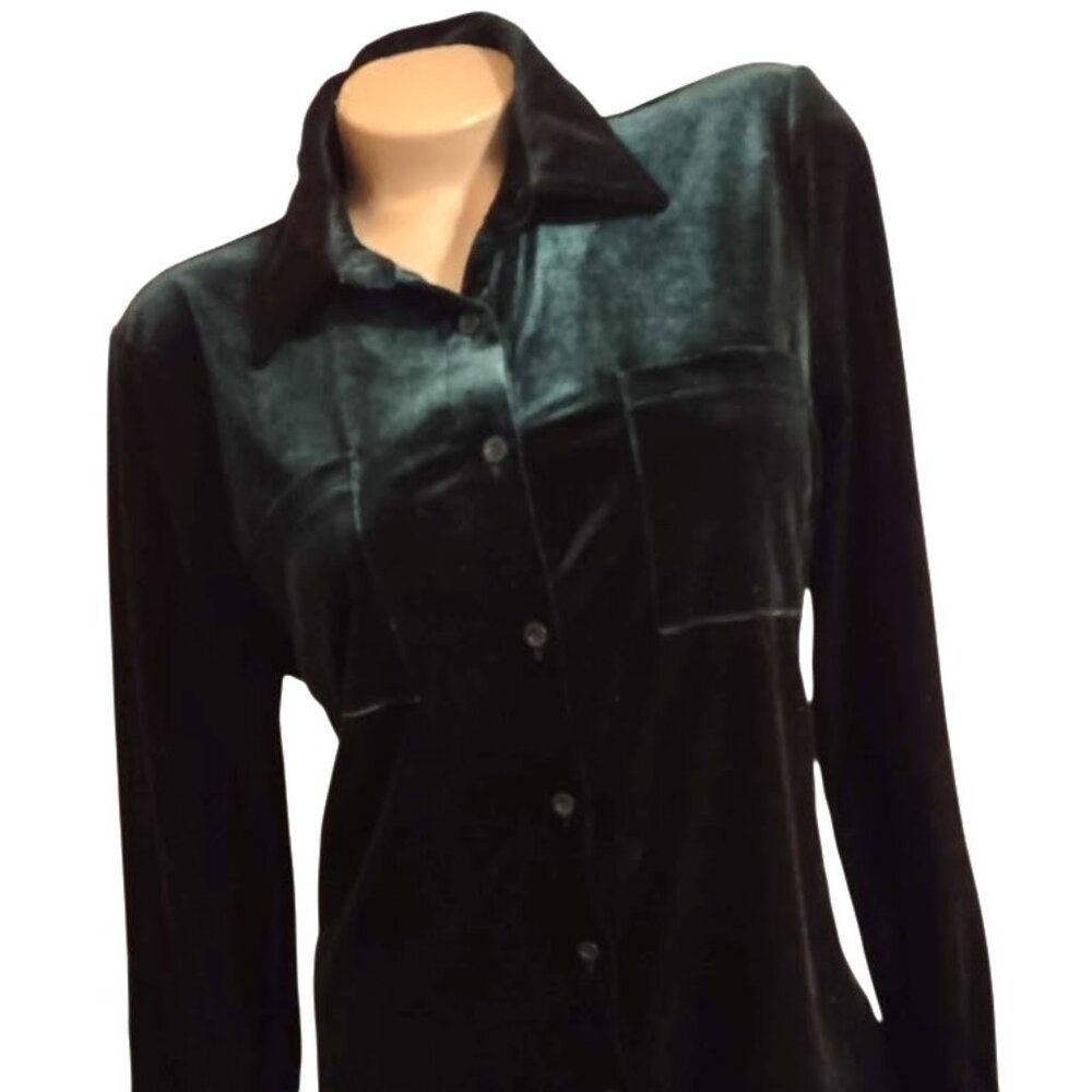 LIKE NEW WOMEN BEAUTIFUL ALLEGRA K GREEN VELVET SHIRT SZ M